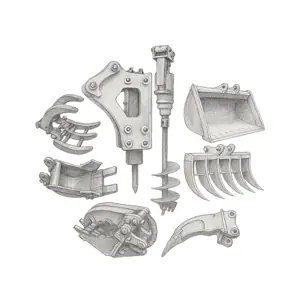 Oprema za mašine, uključujući delove i alate za održavanje građevinskih mašina. Potkategorije: kašike, hidraulični čekići.