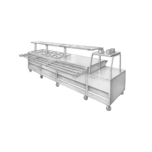 Linije za posluživanje hrane u restoranima i kantinama, uključujući termalne linije za čuvanje temperature hrane, vitrine i pultove za brzi servis.